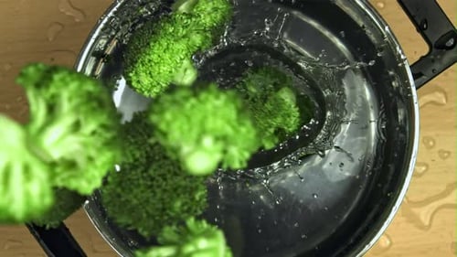 Broccoli Falls Into the Pan Filmed is Slow Motion 1000 Fps