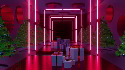 Festive Neon Christmas Tunnel with Gifts and Decorated Trees