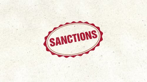Red Sanctions Oval Stamp Animation on Textured Paper