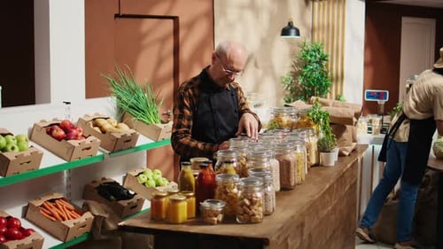 Aged Worker Restocks Zero Waste Store