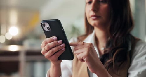 Hands, phone and scroll at startup, office and app for deal, proposal or notification at company