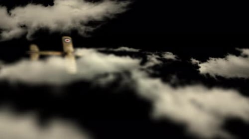 Vintage Biplane Flying Over Old Parchment World Map With Clouds On Alpha Channel 4K