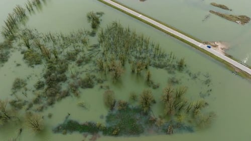 Drone shot of underwater road in the floods of Netherlands