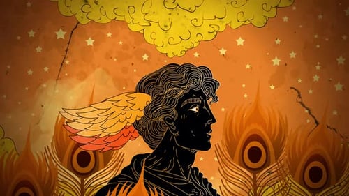 Artistic Winged Figure Animation with Peacock Feathers