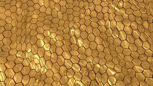 Hexágonos de celdas brillantes doradas de metal energético abstracto con fondo de ondas