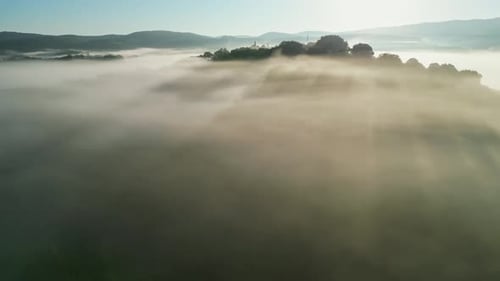 Foggy Landscape at Sunrise Aerial View