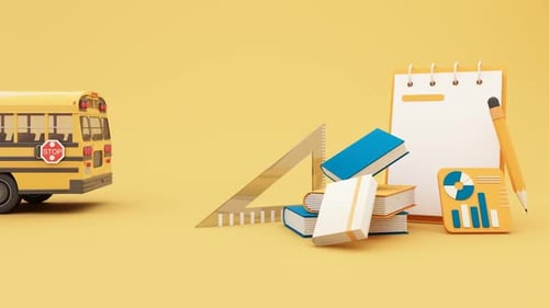 Fournitures scolaires colorées sur fond jaune