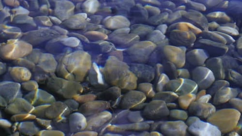 Reflective smooth water glistens with pebbles under promoting peace, zen and harmony, loop ready.