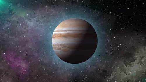 Rotierende und leuchtende Sterne des Jupiterplaneten fliegen im Weltraum. Animation des Gas-Jupiter-Planeten