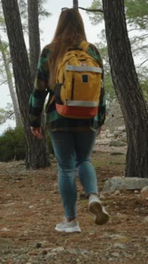 Vertical video. View from behind of a young woman in a plaid shirt with a backpack, hiking and trave