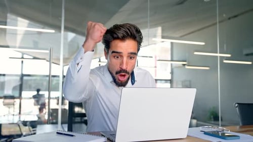 Excited Business Man Celebrating Success Looking at Laptop in Office