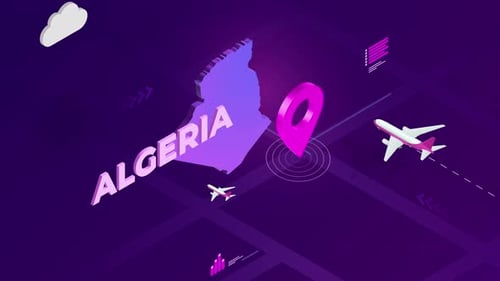 Isometric Map of Algeria with Travel and Location Pin Animation