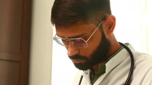 Portrait of Male Indian Doctor Wearing White Coat in Clinic Office