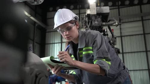Female engineer at factory. Smart Industry Robot Arms Modernization for Digital Factory Technology