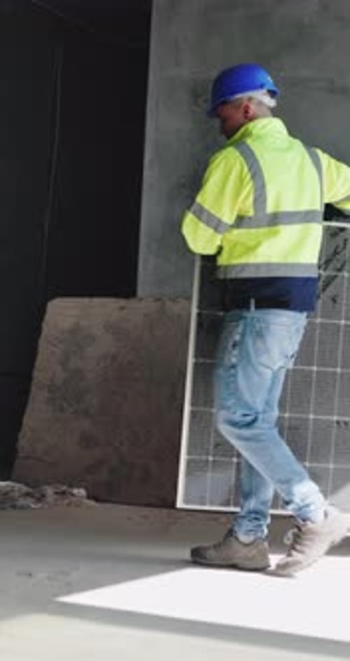 Solar panel, architecture and man with building project, eco friendly electricity
