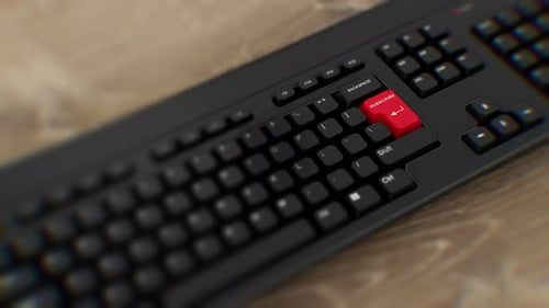 Subscribe button on keyboard. A finger presses Enter. Click SUBSCRIBE. Realistic keyboard button