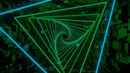 Animación 3D en bucle, efectos visuales, túnel triangular morado con marcos poligonales, fondo cíclico abstracto