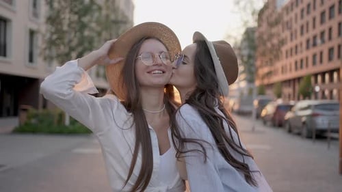 Friends Laughing Outdoors Two Smiling Happy Woman Girl Walks Street Friendship LGBT Lesbians