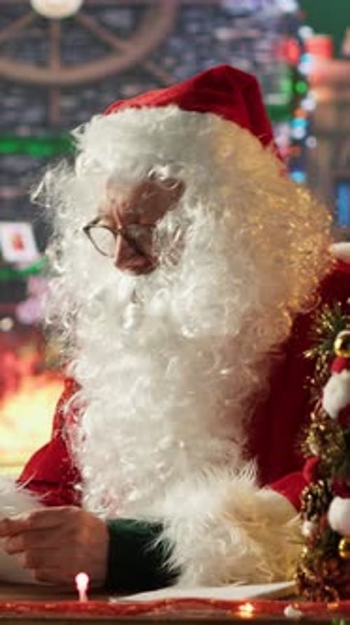Santa Claus Reading Letter at Festive Christmas Setting