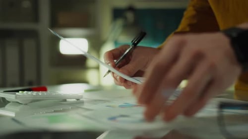 Hands Analyzing Financial Charts in Workplace