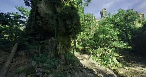 Lush Green Forest Landscape Showcasing Towering Rock Formations Under Blue Sky