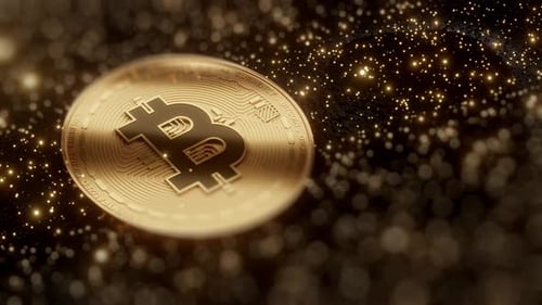 Golden Bitcoin Cryptocurrency Coin Rotation with Sparkling Particles