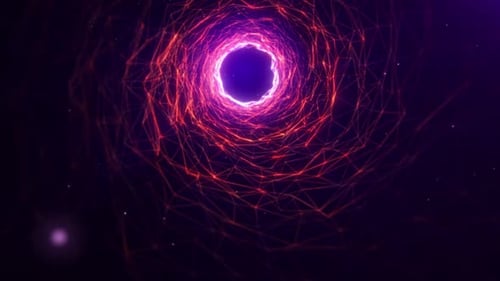 Abstract digital space of a dynamic glowing red tunnel of lines dots and particles.