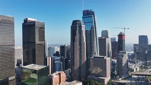 Los Angeles Skyline From Drone Aerial Panorama of Los Angeles LA City Skyline From Air Drone Shot of