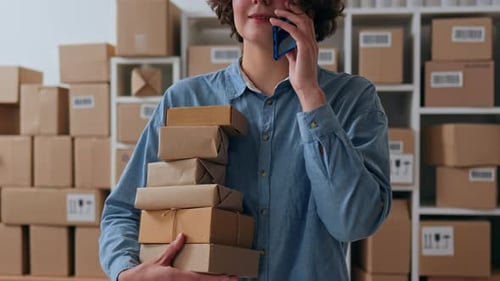 Woman Businessman Working At Home Office Sending Parcels To Buyers By Herself, Small Business