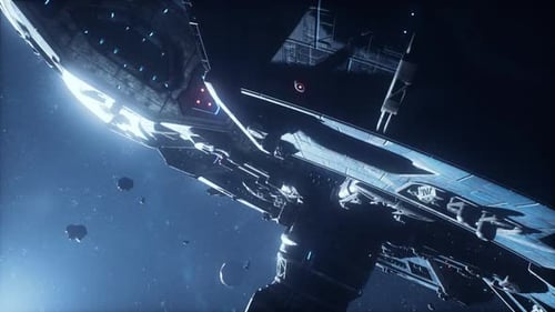 Futuristic 3D Spaceship Flying Through Asteroids in Deep Space