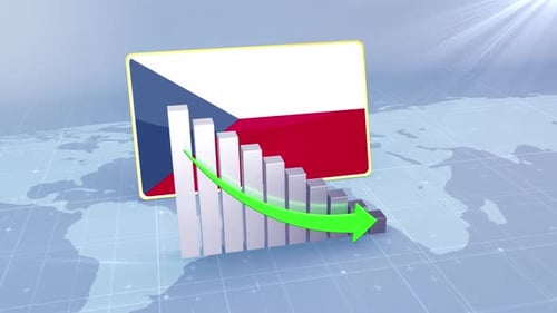 Czech Republic Flag With Decrease Bar Chart Graph And Arrow Green