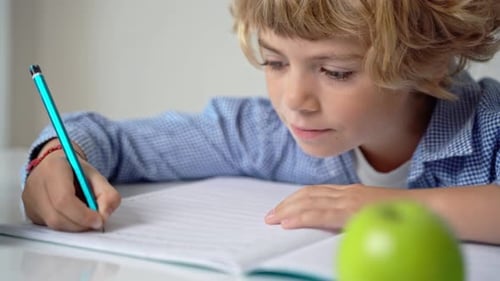 Elementary School Student Boy or Girl Writing Letters Studying at Desk Back to School Over White
