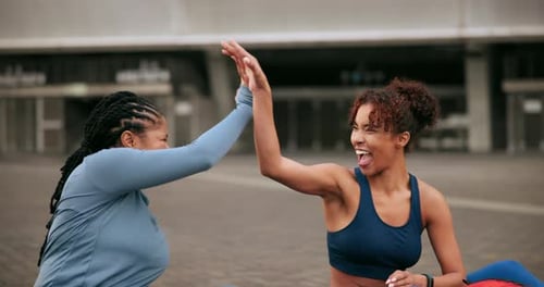 High five, workout and support with women in city for fitness challenge, training and wellness