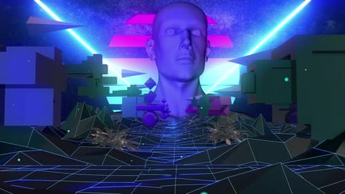 Retro 80s Synthwave Grid Landscape with 3D Head