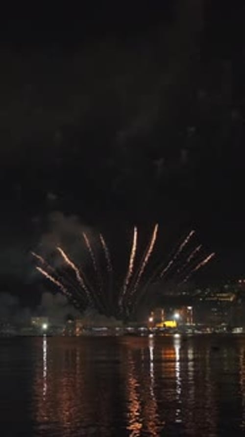 Fireworks with colorful lights over sea