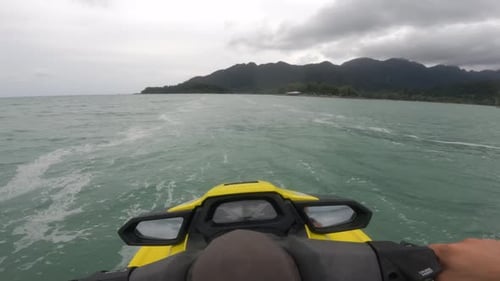 Point of view, POV, ridding Jet ski at the sea