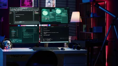 Illuminated Coding Workspace with Four Computer Screens