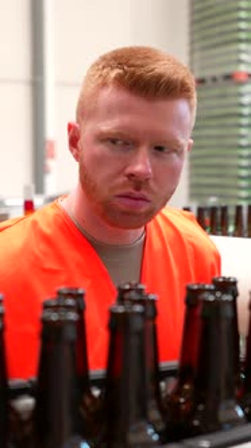 Brewery Worker Inspecting Beer Bottles on a Conveyor Belt