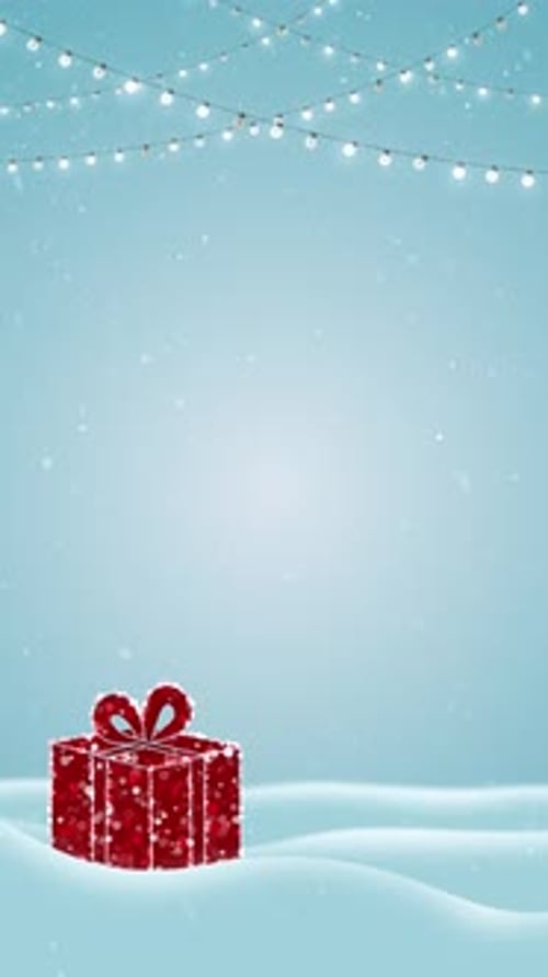 Animated Christmas Snow Scene with Twinkling Lights and Gift