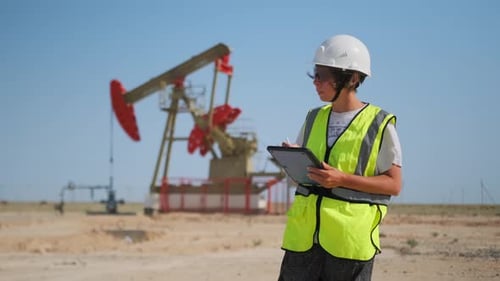 Focused Engineer notiert Ölfelddaten auf Tablet