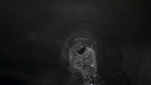 Stürmischer Wasserstrahl, der aus der Flasche herabfällt, mit spritzenden Tropfen, Blick ins Innere