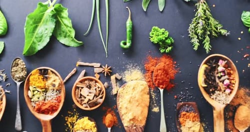Spices and Herbs Assortment Overhead Close Up