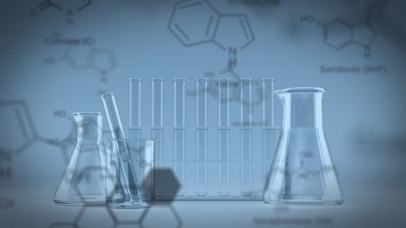 Animation of chemical compound structures against laboratory beakers ...