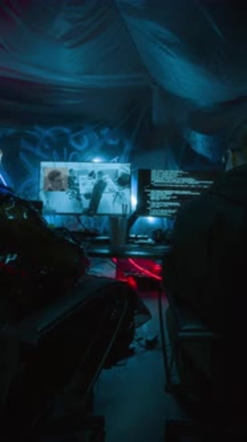 Des programmeurs Cyberpunk surveillent l'écran de vidéosurveillance et les codes sur les ordinateurs