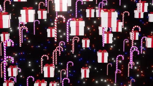 Falling Dawn Zuckerstange und präsentiert isoliert auf Sternen Hintergrund 3D-Rendern. Weiße und rote Geschenke