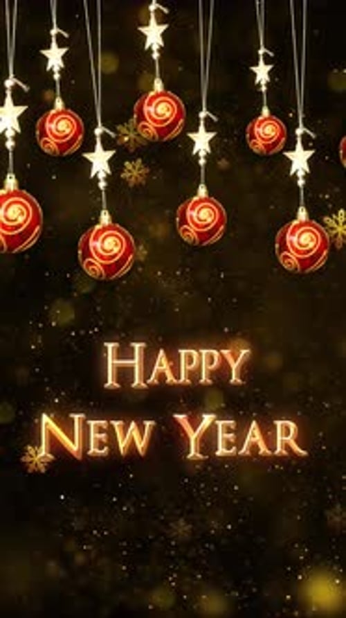 Happy New Year Text Reveal with Festive Ornaments and Sparkling Particles