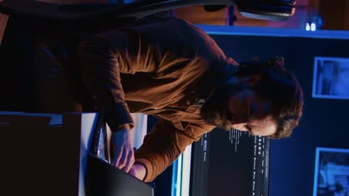 Computer Scientist Putting Headphones on While Developing Code on PC