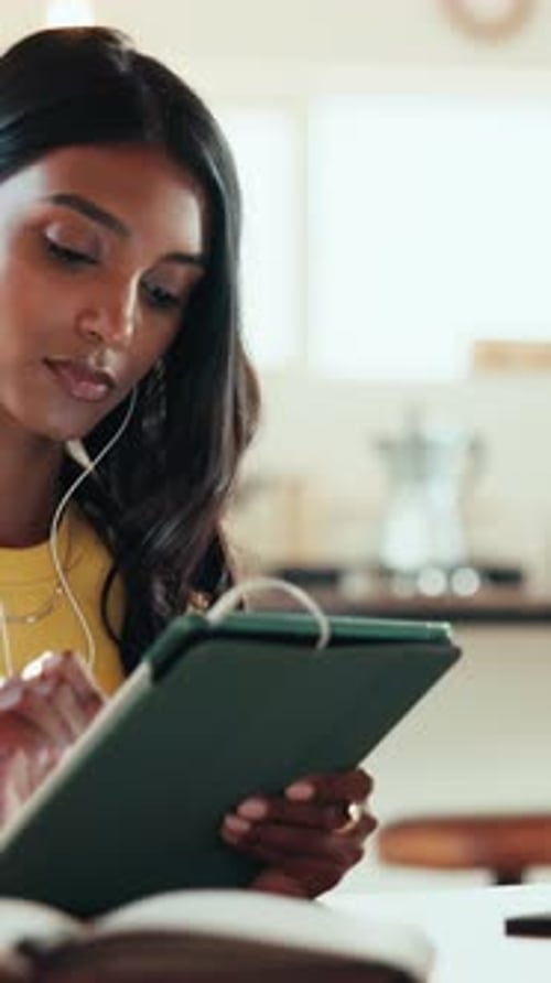 Music, tablet and writing with graphic design student in home for education or learning