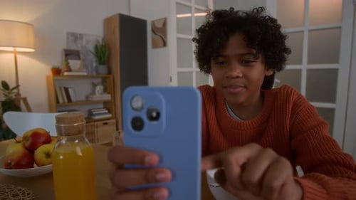 Boy Using Phone at Breakfast Table Indoors