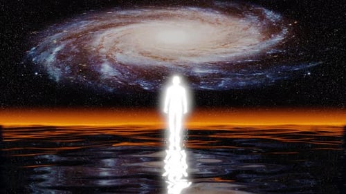 Man walks on the water in the night with a spinning galaxy reflecting